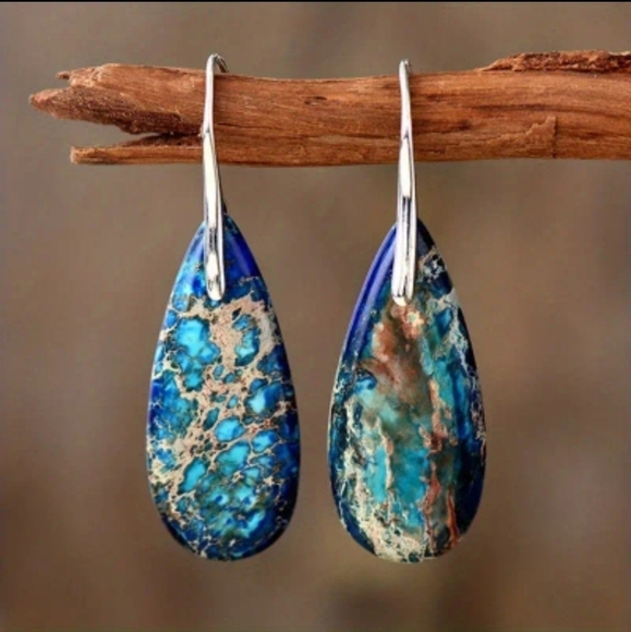 Women's Boho Genuine Imperial Blue Jasper Water Drop Dangle Earrings - Picture 2 of 4